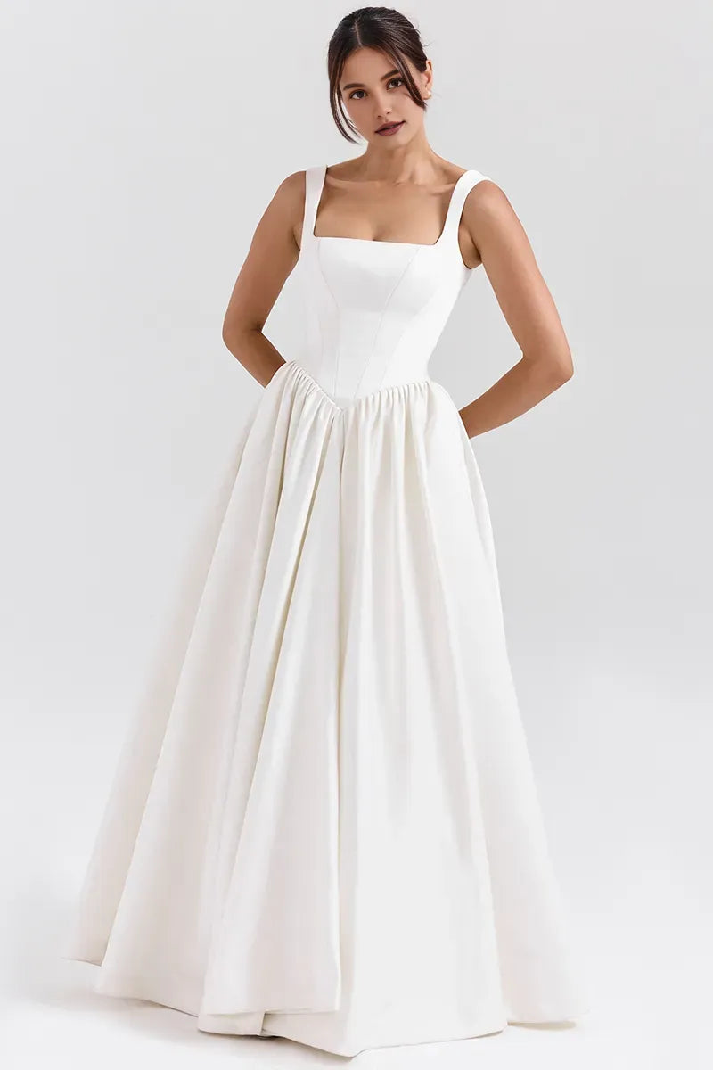 Robe trapèze à bretelles larges, corset, couleur unie, robe longue, robe de bal blanche